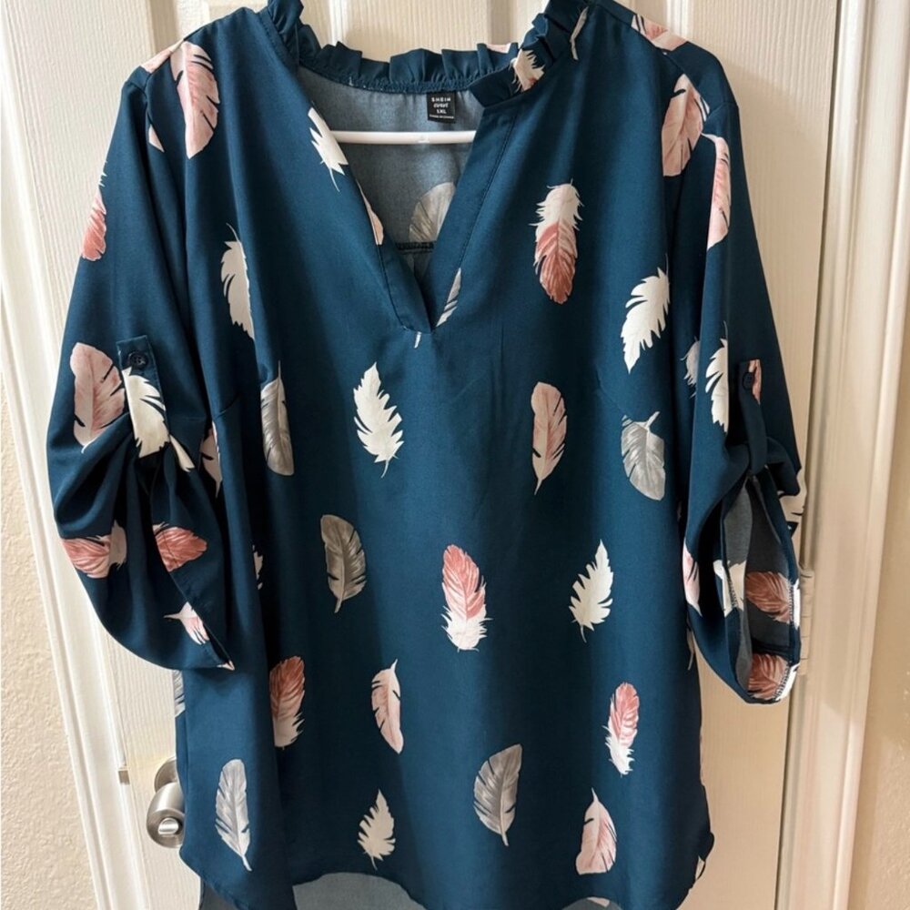 Shein Teal Feather Print Blouse